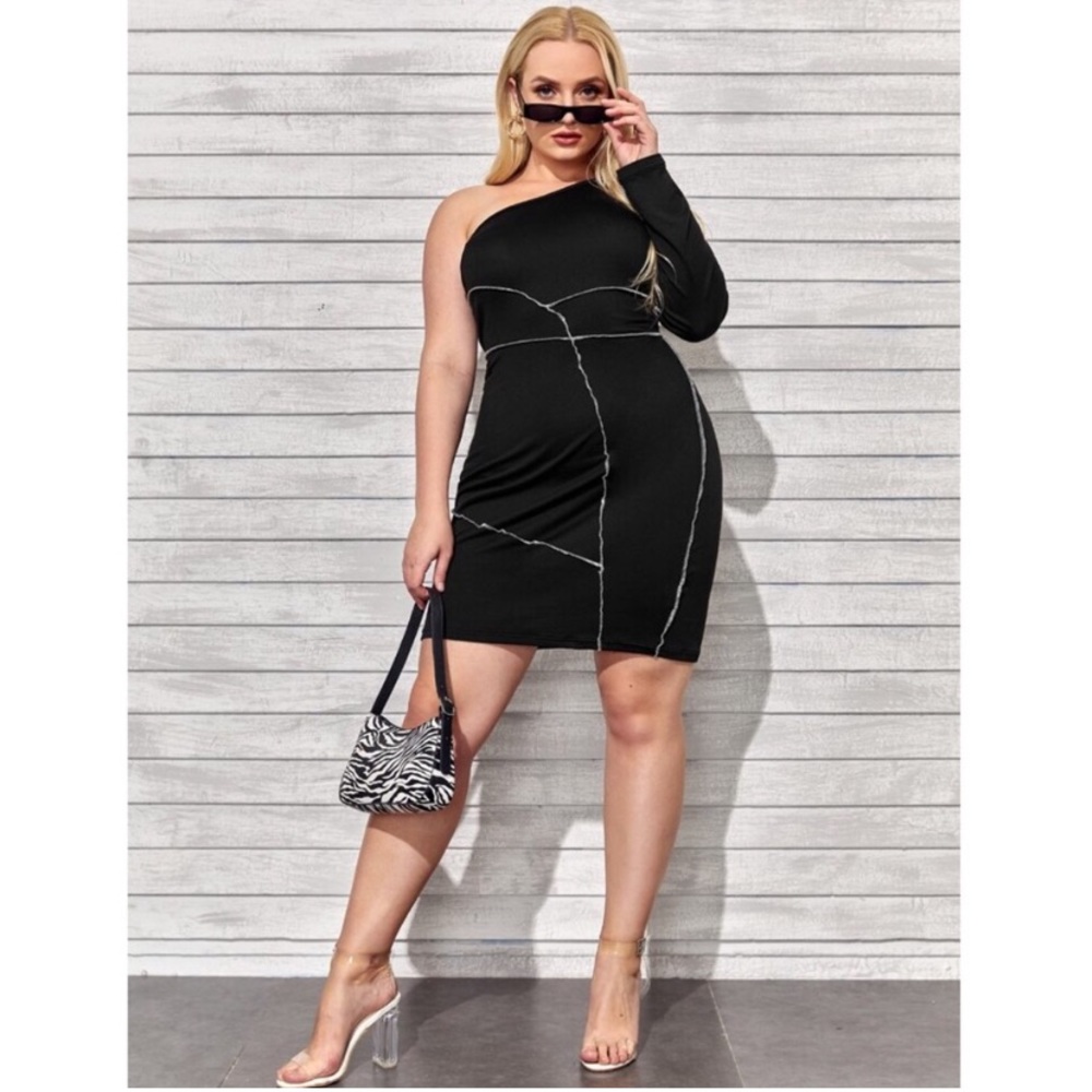 ONE SHOULDER STITCH TRIM DRESS